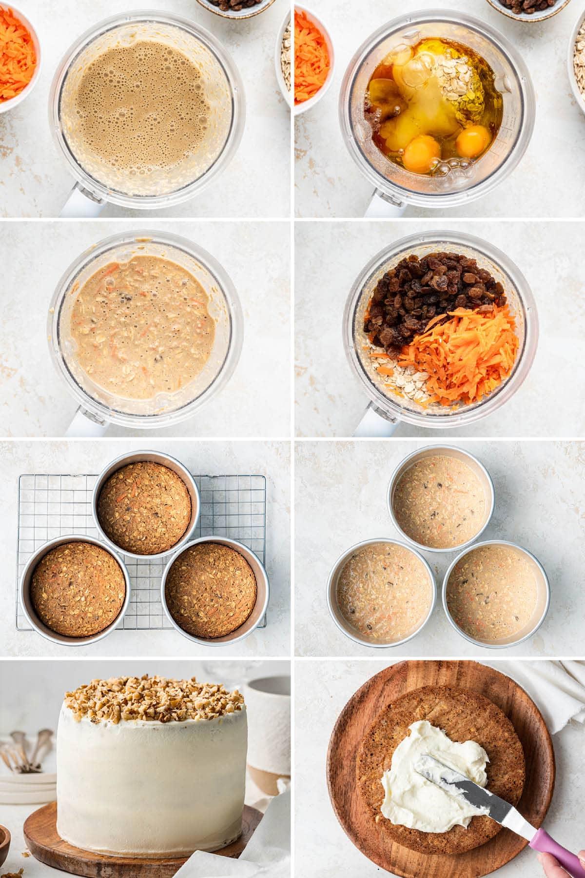 Κέικ βρώμης και καρότου 4 Collage of 8 photos showing the steps to make Oatmeal Carrot Cake: blending the batter in a blender, baking in three cake pans, and then layering the cake layers with cream cheese frosting.