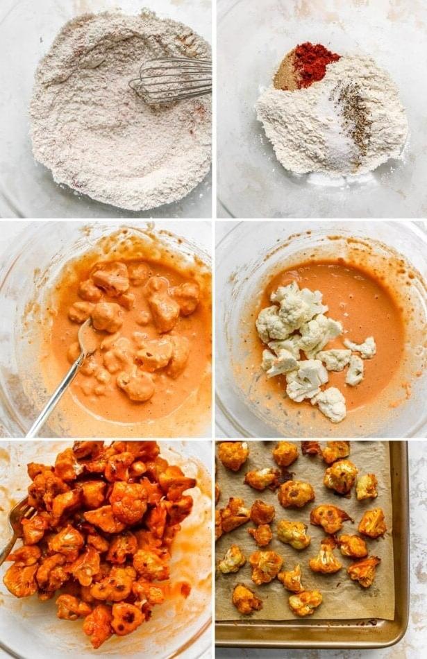 Vegan + Χωρίς Γλουτένη Φτερούγες Κουνουπιδιού // Ιδανικές για την Ημέρα του Αγώνα Κολάζ 6 φωτογραφιών που δείχνουν τη διαδικασία παρασκευής φτερούγων κουνουπιδιού buffalo: επικάλυψη κουνουπιδιού με πικάντικο χυλό, ψήσιμο και ανακάτεμα με σάλτσα buffalo.