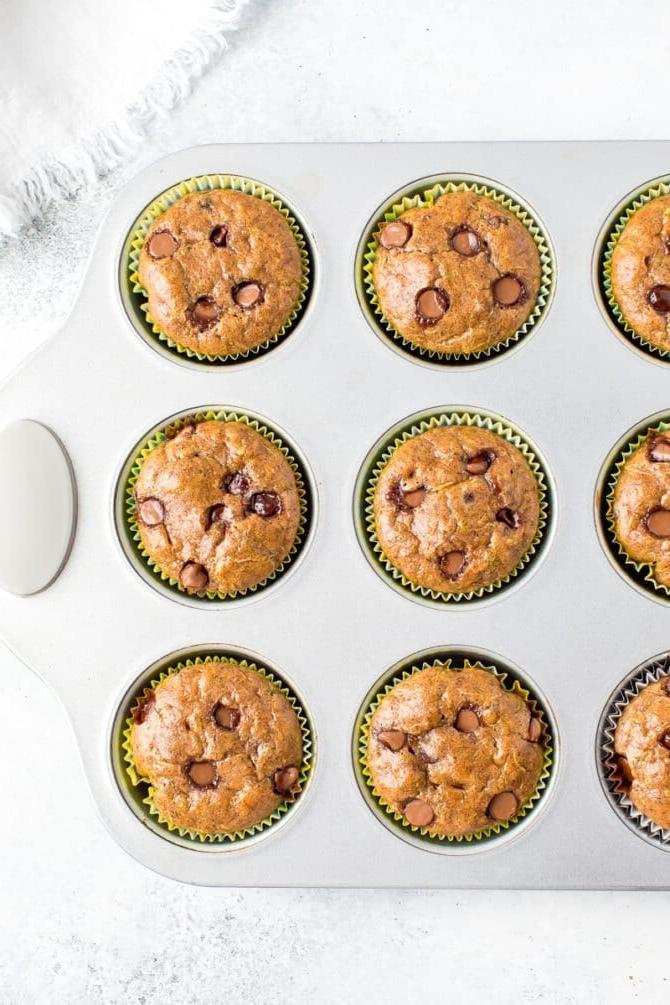 Μάφινς κολοκυθιού χωρίς αλεύρι 4 Ταψί για muffins με muffins κολοκυθιού χωρίς αλεύρι με σταγόνες σοκολάτας.