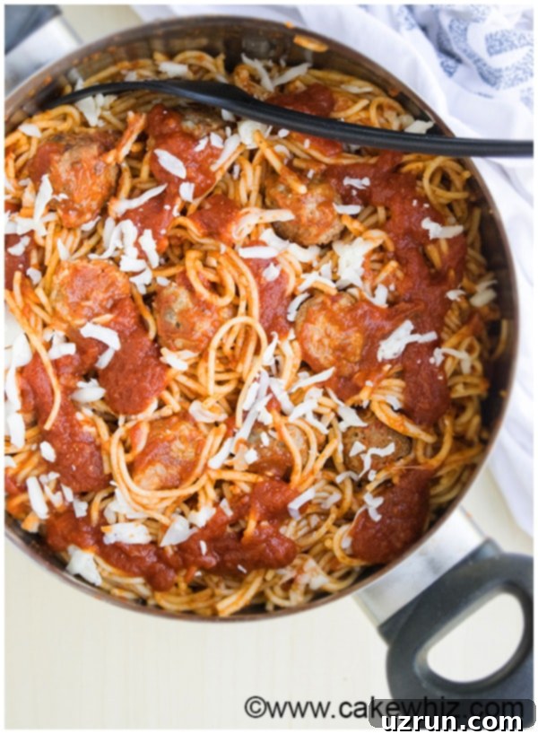A closer look at the delicious One Pot Spaghetti and Meatballs, cooked to perfection.