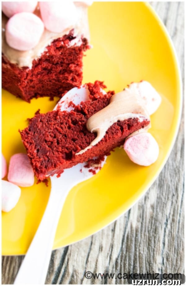 Best Red Velvet Cake From Scratch 4 Spoonful of Velvet Cake on Yellow Plate, showing the moist crumb texture
