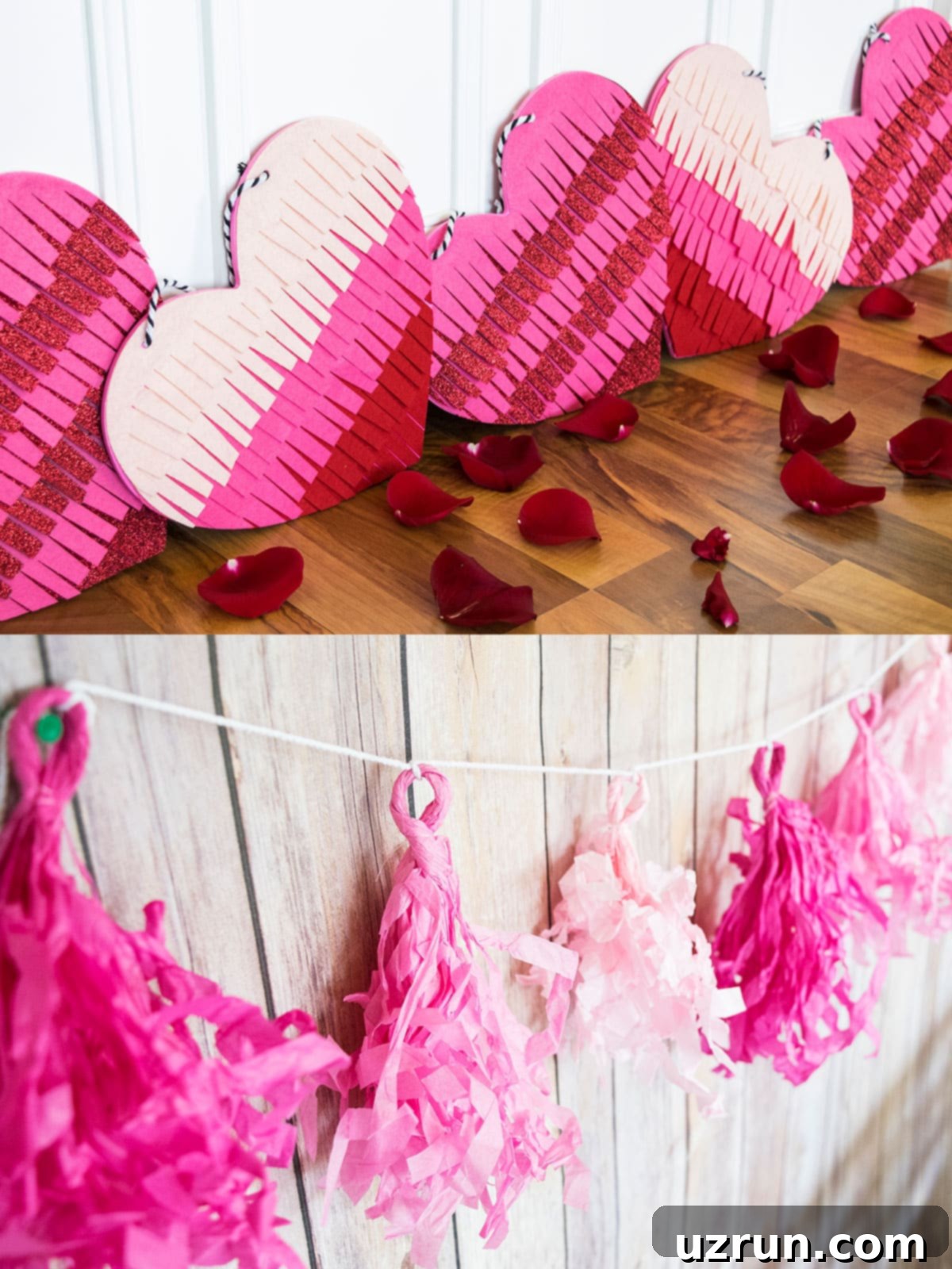 Collage Image With Valentine's Day Party Decor Full of Pink Hearts and Rose Petals.