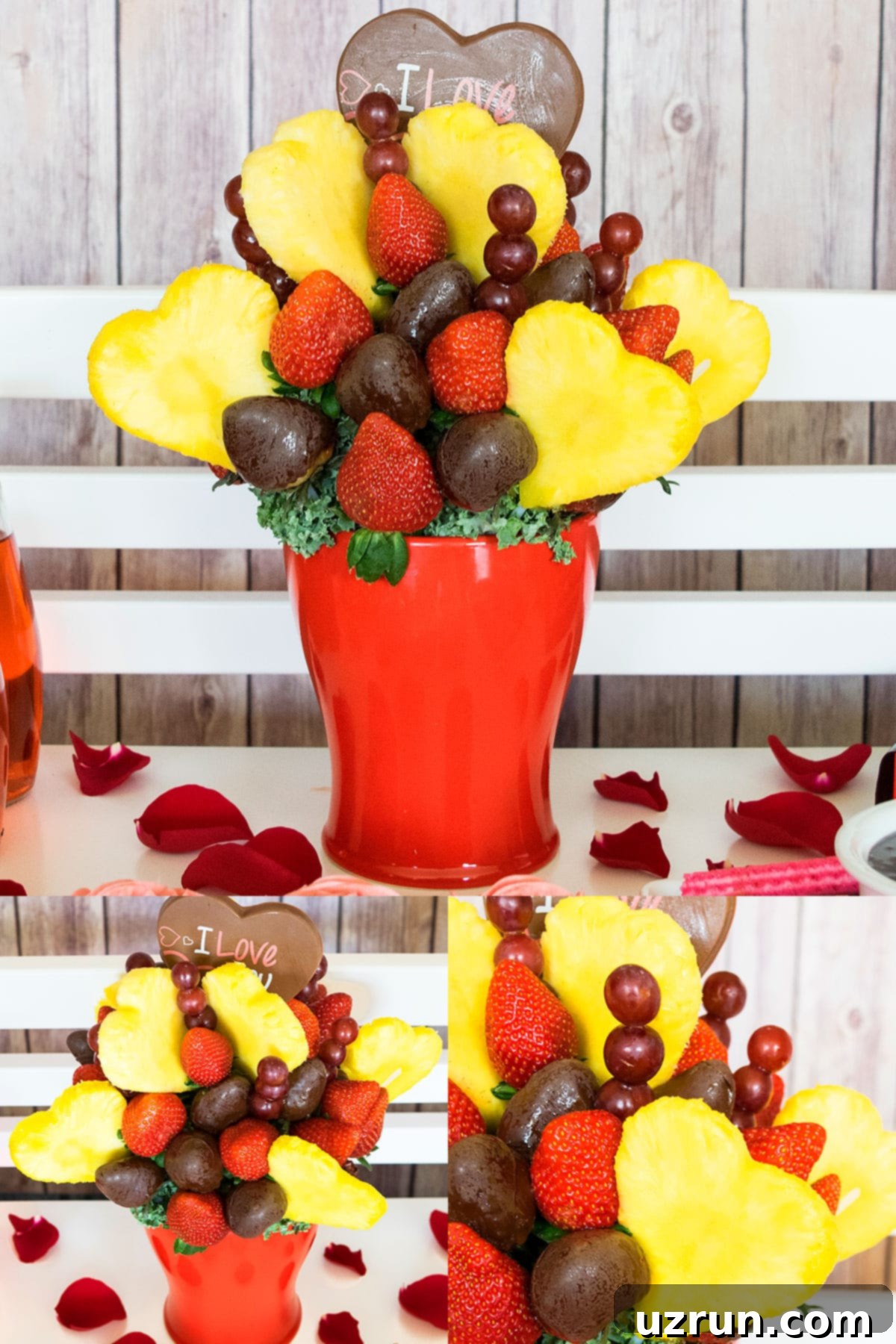 Delicious Food and Romantic Decor for Your Valentine's Day Party 8 Collage Image of Edible Arrangements Fruit Bouquet.