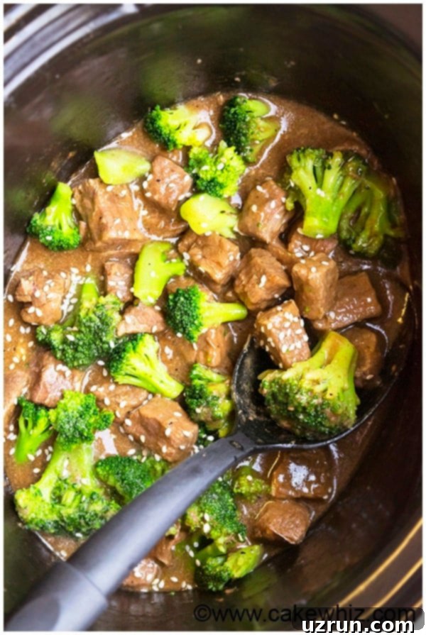 Slow Cooker Beef and Broccoli Recipe with tender beef and vibrant broccoli, served in a bowl, highlighting its homemade quality.