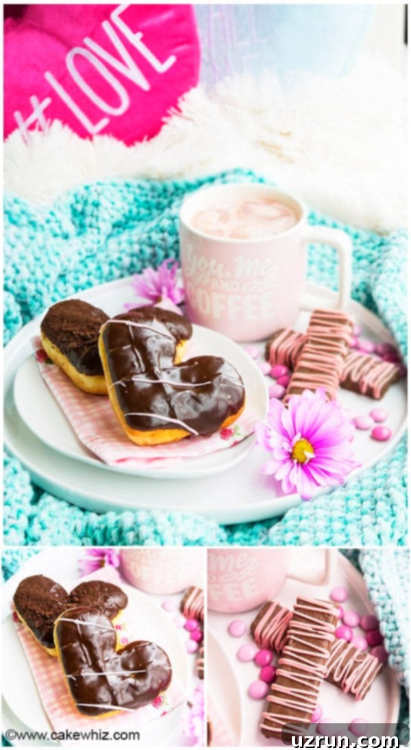 Romantic Valentine's Day Pink Breakfast in Bed Tray for Her, featuring heart-shaped donuts, strawberry milk, and fresh pink flowers.