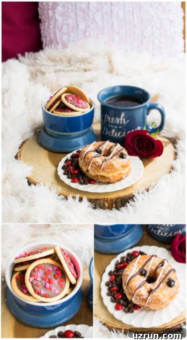Easy Breakfast in Bed Recipes 5 Rustic 'Manly' Breakfast in Bed Tray for Him, with dark coffee, chocolate-dipped cookies, croissant donuts, and a single red rose.