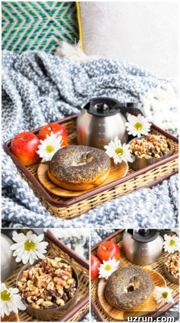 Easy Breakfast in Bed Recipes 6 Breakfast Tray for Father's Day, featuring freshly brewed coffee, apples, walnuts, and a poppy seed bagel with cream cheese.