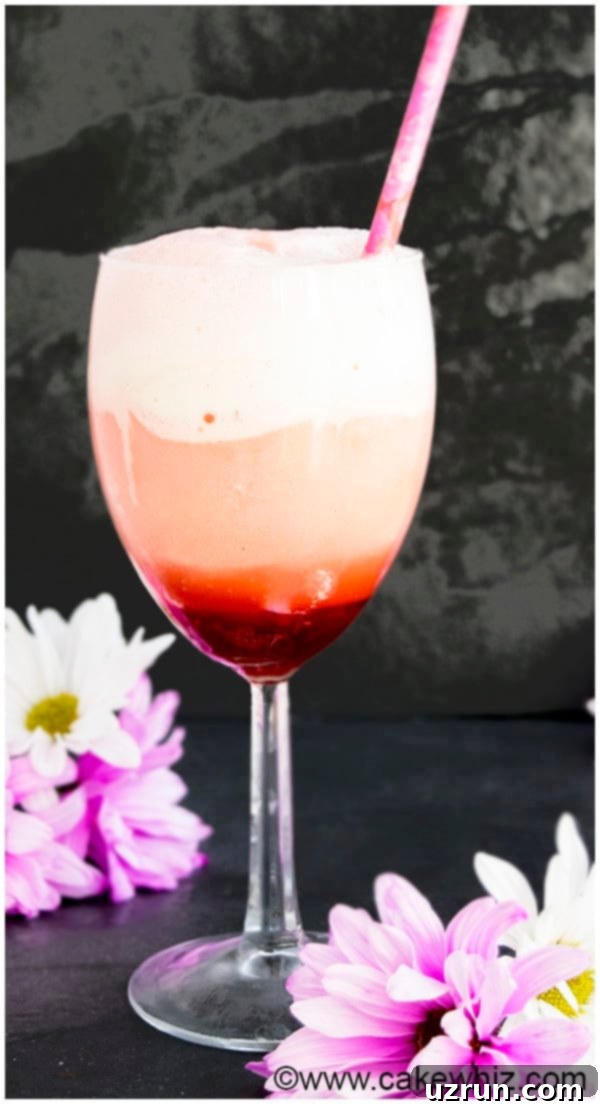 Easy Two Ingredient Ice Cream Float 3 Homemade Soda Float With Rose Syrup in Glass Cup With Pink Straw