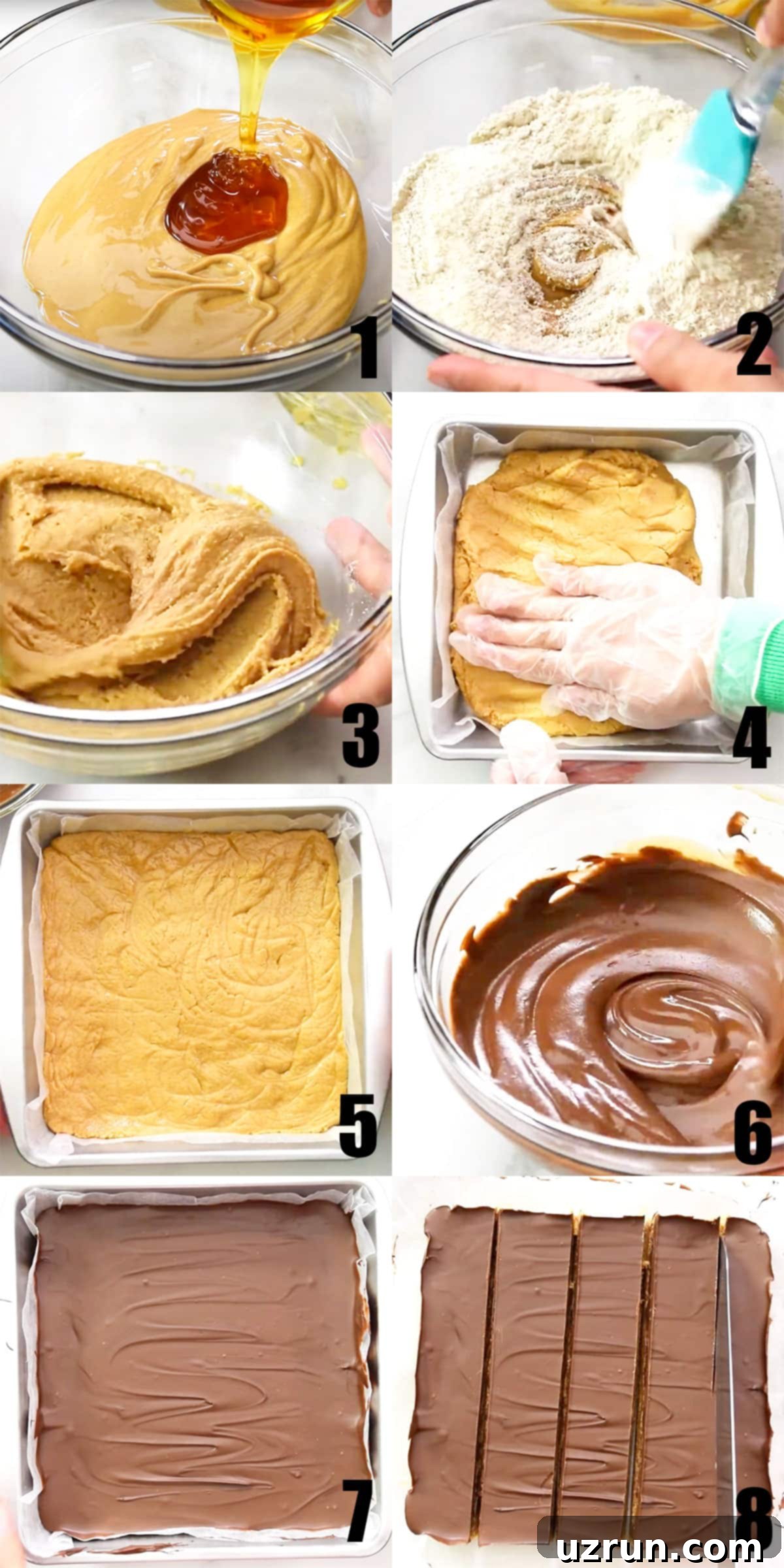 Chewy No-Bake Peanut Butter Oatmeal Bars 4 Collage Image With Step by Step Process Shots on How to Make Old Fashioned Healthy Peanut Butter Bars. Demonstrating ease of preparation.