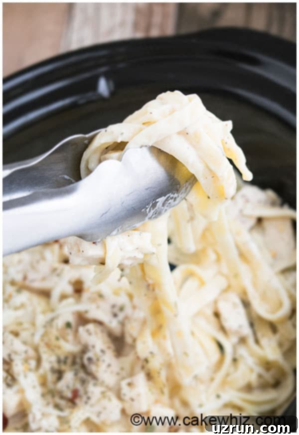 Slow Cooker Easy Chicken Alfredo with fresh parsley garnish