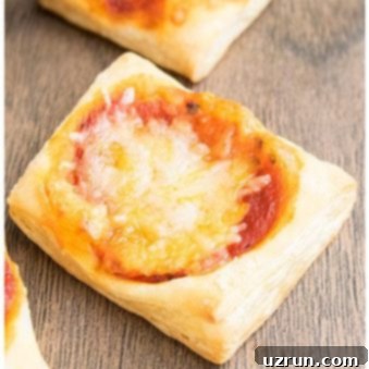 Flaky Pizza Bites 7 Easy Mini Puff Pastry Pizza Appetizer on Wood Background.