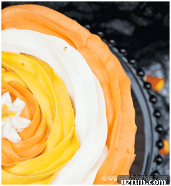 Simple Frosted Candy Corn Cake 5 Closeup Shot of Top of Cake Decorated With Tip 1M