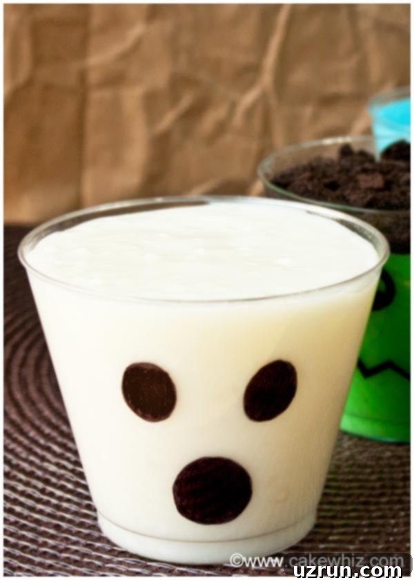Fun Halloween Pudding Cups 5 Ghost Pudding Cups on Brown Background