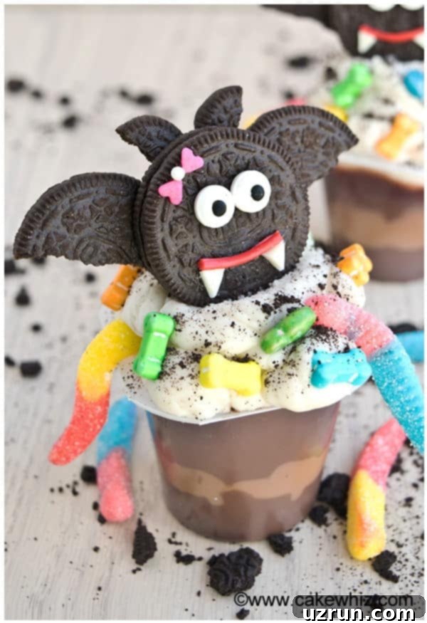 Fun Halloween Pudding Cups 6 Halloween Dracula Pudding Cups on Rustic Gray Background