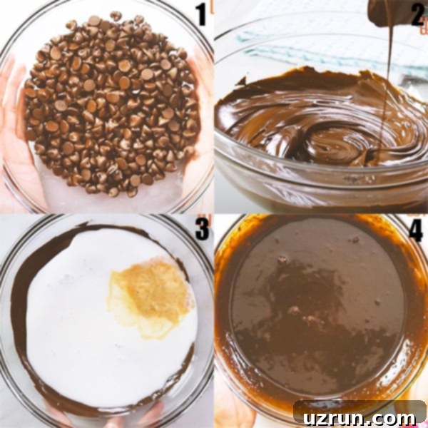 Easy Chocolate Fondue 3 Ingredients 4 Collage Image With Step by Step Pictures on How to Make Chocolate Fondue- Process Shot.