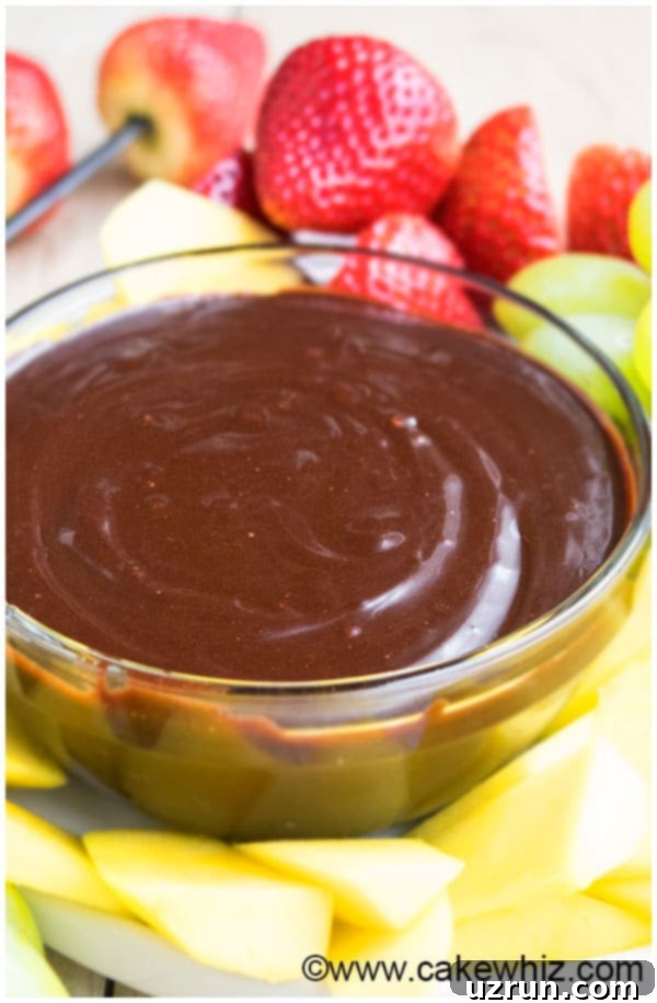 Easy Chocolate Fondue 3 Ingredients 6 Glass Bowl of 3 Ingredient Fondue- Closeup Shot.