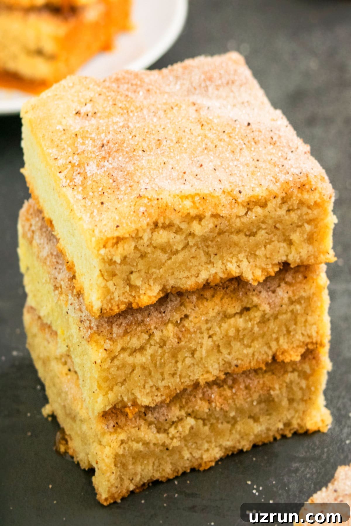 Easy Snickerdoodle Bars Stacked on a Rustic Gray Background.