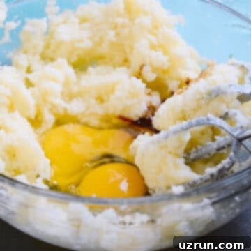 Perfectly Soft and Chewy Snickerdoodle Bars 5 Glass bowl with creamed butter and sugar, eggs and vanilla extract.