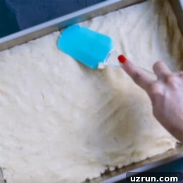 Perfectly Soft and Chewy Snickerdoodle Bars 8 Batter being spread in baking pan with rubber spatula.