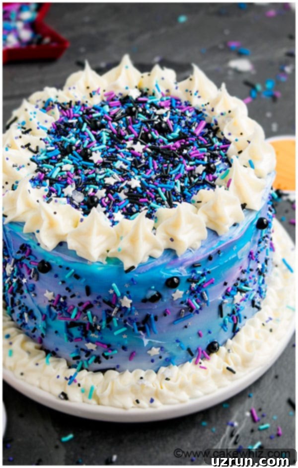 Easy DIY Homemade Galaxy Cake on White Dish. 