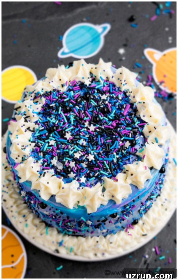 Easy Buttercream Galaxy Cake 5 Easy Galaxy Birthday Cake on White Dish.