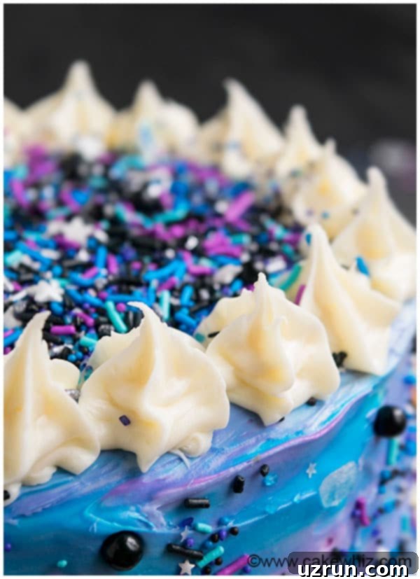 Easy Buttercream Galaxy Cake 6 Closeup Shot of Piped Frosting Around Top of Cake.