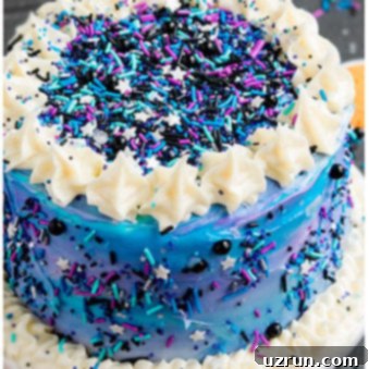 Easy Buttercream Galaxy Cake 9 Best Easy Galaxy Cake Decorated With Buttercream Icing on White Dish.