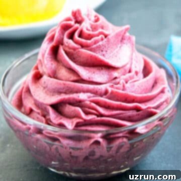 Effortless Blackberry Buttercream Frosting 12 Best Easy Fresh Blackberry Buttercream Frosting in Glass Bowl.