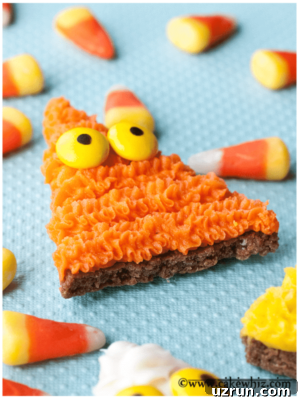 Easy Candy Corn Monster Cookies 4 Closeup Shot of Candy Corn Cookies on Turquoise Background