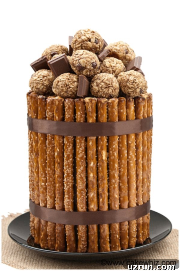 Homemade Chocolate Pretzel Cake on Black Serving Dish