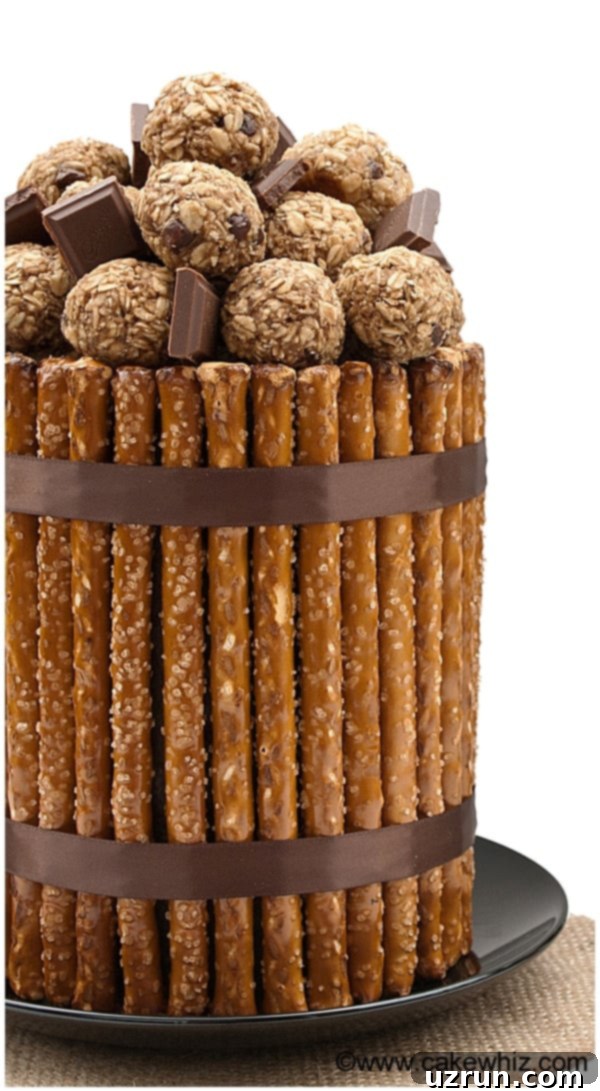 Chocolate Pretzel Cake With Ganache Frosting 4 Tall Layer Cake on Black Serving Dish