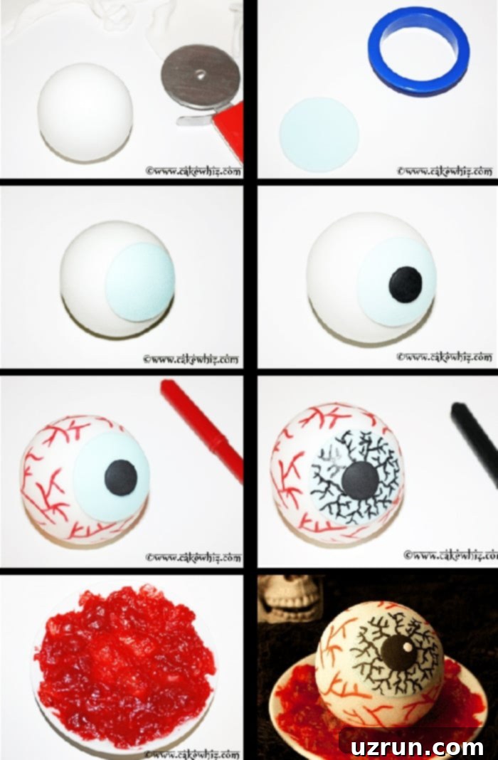 Spooky Easy Eyeball Cake Tutorial 4 Collage Image With Step by Step Pictures on How to Make Eyeball Cake