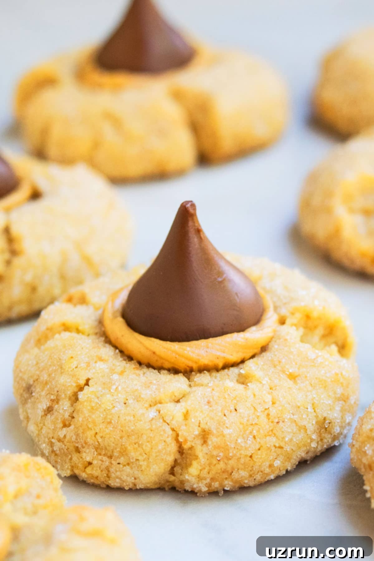 Easy Classic Peanut Butter Blossoms on White Marble Background.
