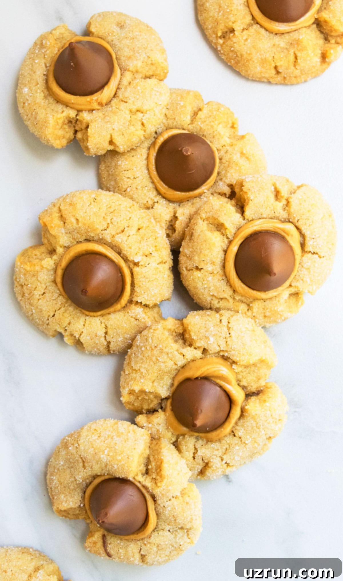 Easy Peanut Butter Blossoms with Hershey's Kisses 13 Classic Christmas Cookies on White Marble Background.