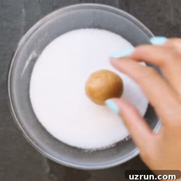 Easy Peanut Butter Blossoms with Hershey's Kisses 10 Cookie dough balls getting rolled in bowl of granulated sugar.