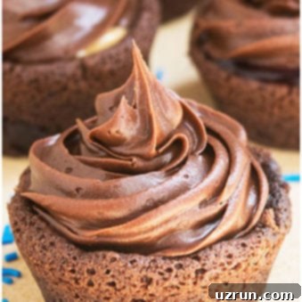 Easy Homemade Brownie Bowls 8 Easy Brownie Bowls With Filling and Frosting on Light Brown Background.