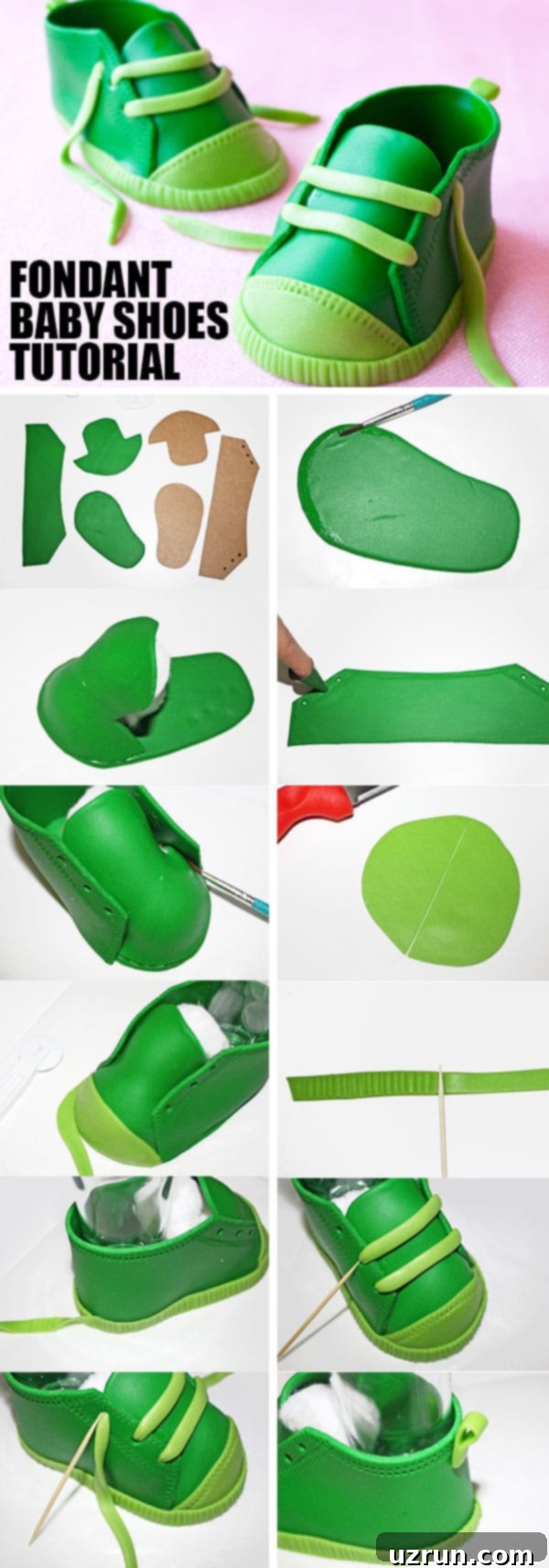 Easy Sneaker Cake 5 Step-by-step collage demonstrating how to make fondant baby shoe cake toppers from template