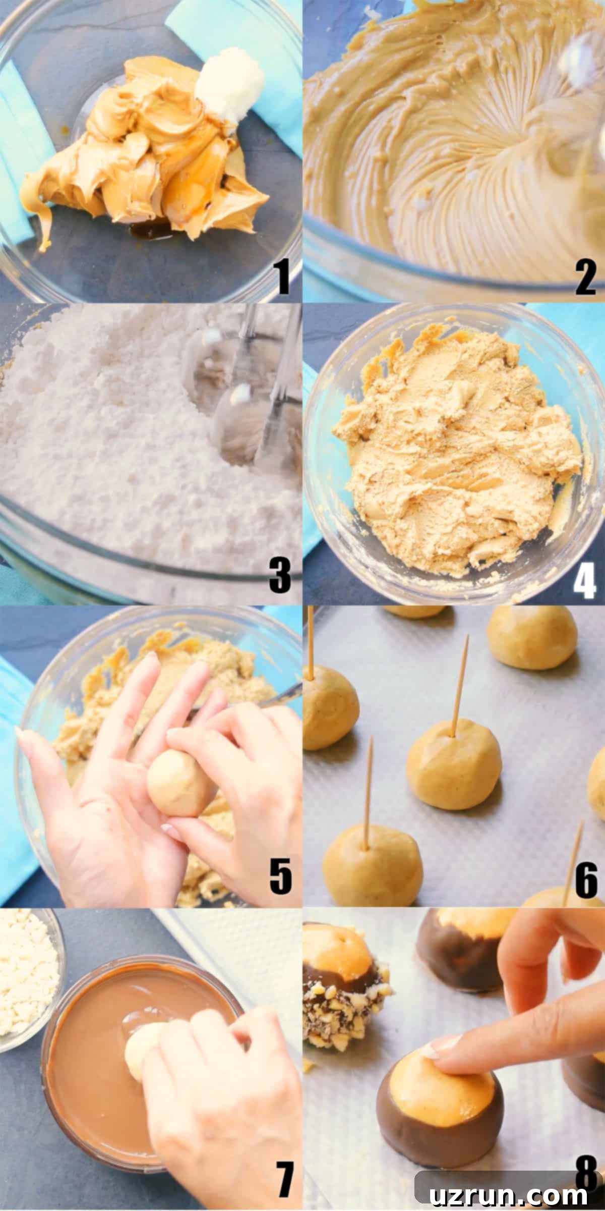 Quick & Easy Peanut Butter Buckeyes 4 Collage Image With Step by Step Process Shots on How to Make Buckeyes Candy Balls.