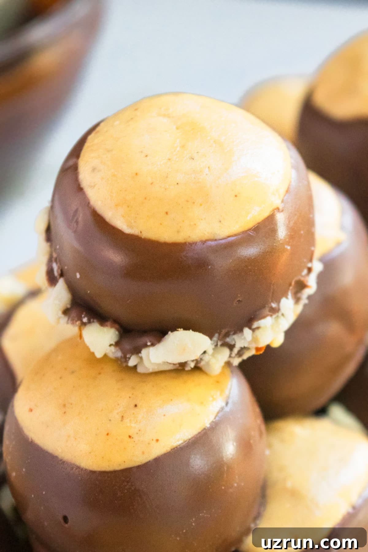 Quick & Easy Peanut Butter Buckeyes 6 Closeup Shot of Choco Peanut Butter Balls on a Stack.