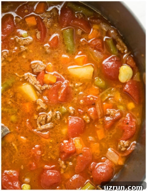 Homestyle Hamburger Soup 5 Hamburger Soup with Potatoes Recipe, served with a spoon.