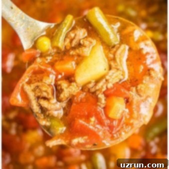 Homestyle Hamburger Soup 7 Spoonful of Easy Hamburger Soup- Closeup Shot.