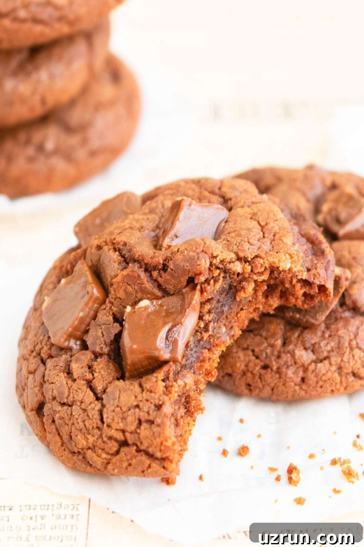 Easy Nutella Chocolate Chip Cookies 3 Partially Eaten Chocolate Chip Cookie on Newspaper.
