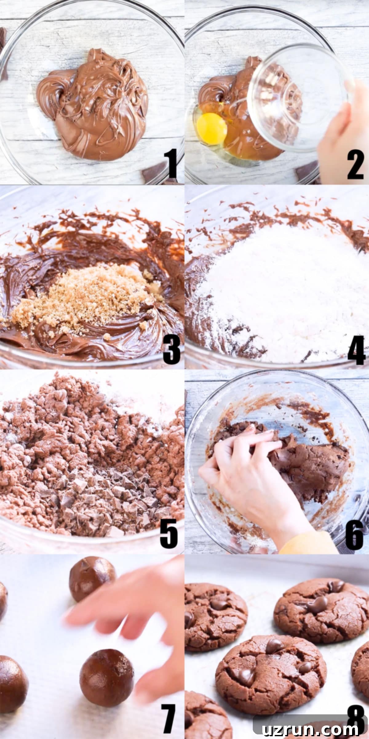 Easy Nutella Chocolate Chip Cookies 4 Collage Image With Step by Step Process Shots on How to Make Best Nutella Chocolate Chip Cookies.