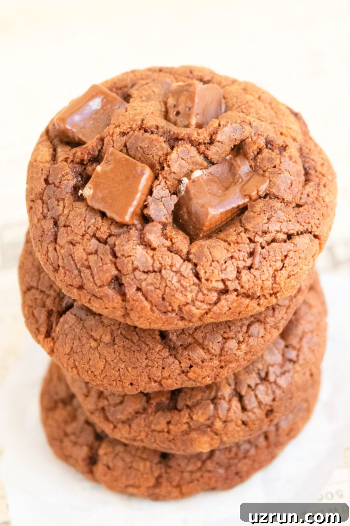Easy Nutella Chocolate Chip Cookies 5 Stack of Chocolate Hazelnut Cookies on Newspaper.
