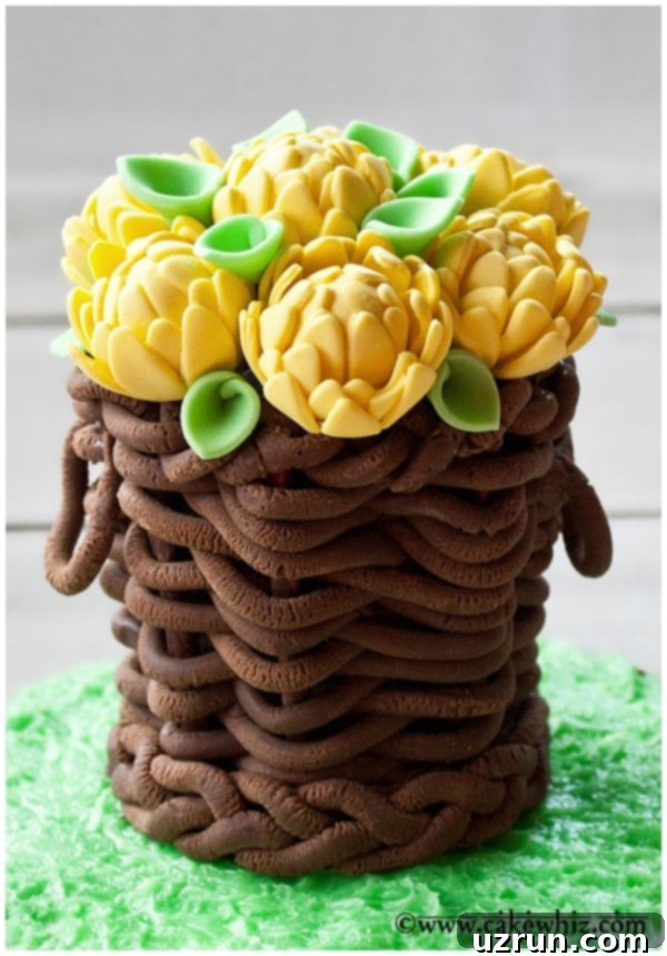 Easy Basket Cake With Fondant Flowers On Gray Background