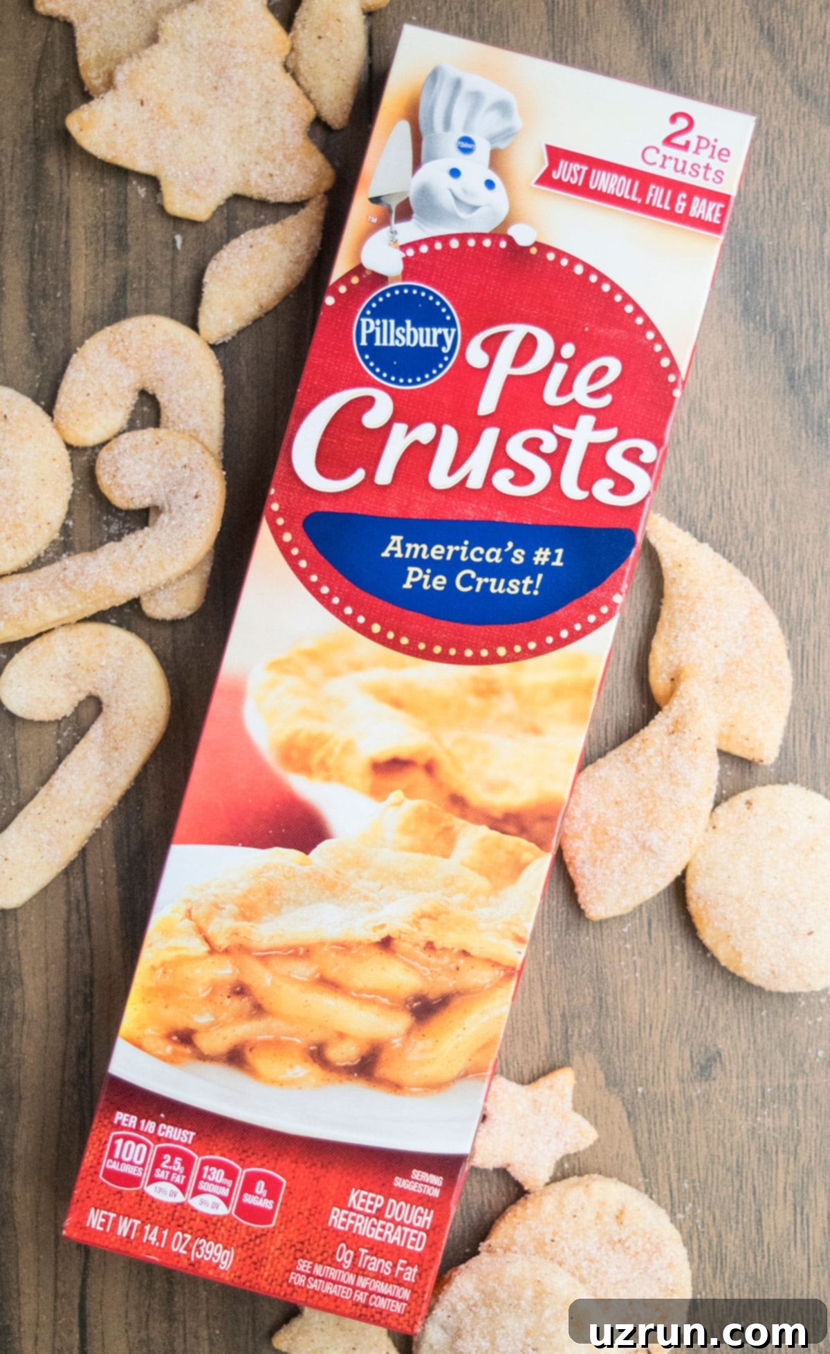Flaky Pie Crust Churro Cookies 3 Pillsbury Pie Crust in Box on Rustic Wood Background