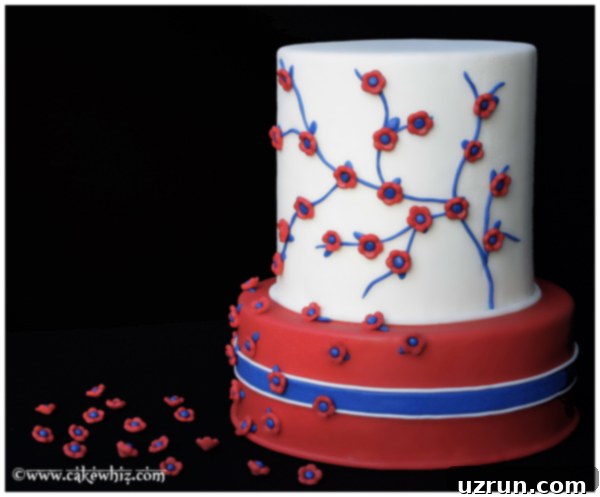 Tiered 4th of July Cake on Black Background with red, white, and blue fondant decorations