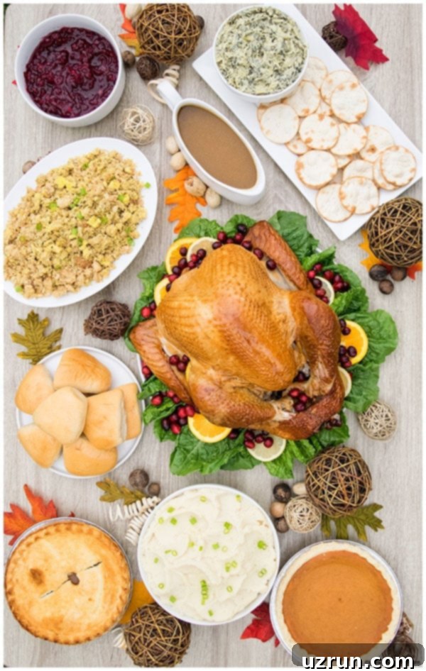 The Ultimate Thanksgiving Hosting Guide 2 A beautifully set Thanksgiving table, showcasing a golden-brown roasted turkey, various delicious sides, and festive autumn decorations, ready for guests.