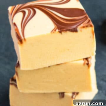 Chocolate Peanut Butter Swirl Fudge 12 Stack of Slices of Easy Chocolate Peanut Butter Fudge (Tiger Fudge) on Dark Gray Background.