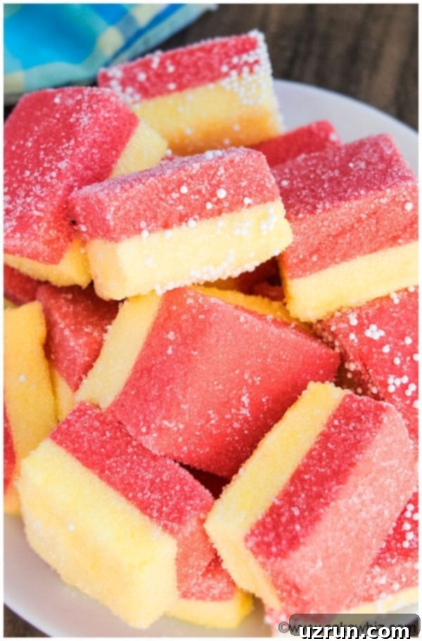 Easy Pink and Yellow Jello Marshmallow Candy on White Dish. 